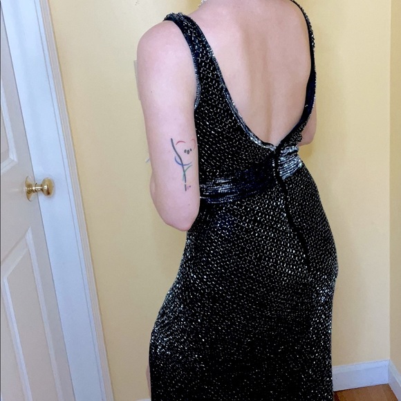 Long Black sequin dress with slit and low back. - Picture 2 of 4
